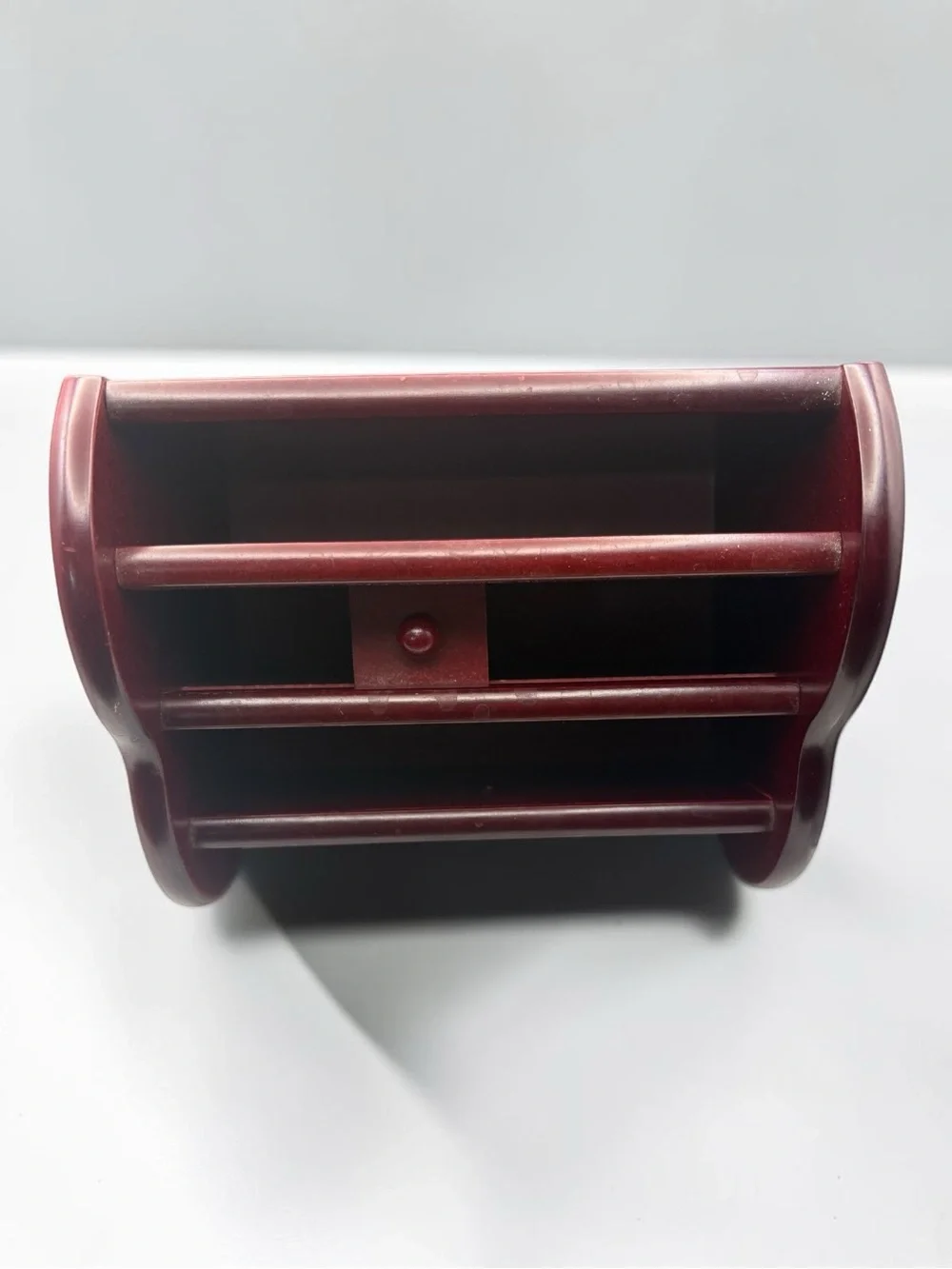 Vintage Cherry Colored Wood Rotating Desk Organizer Napkin Letter Holder 7x6.5”